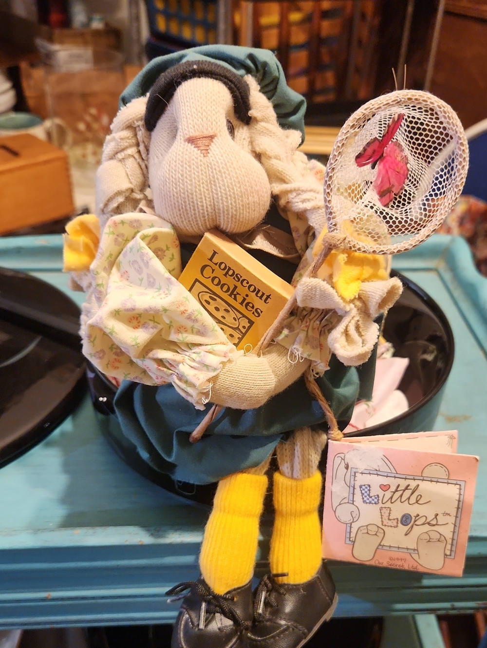 Vintage Little Lops Plush Bunny Doll with Green Outfit and Yellow Socks